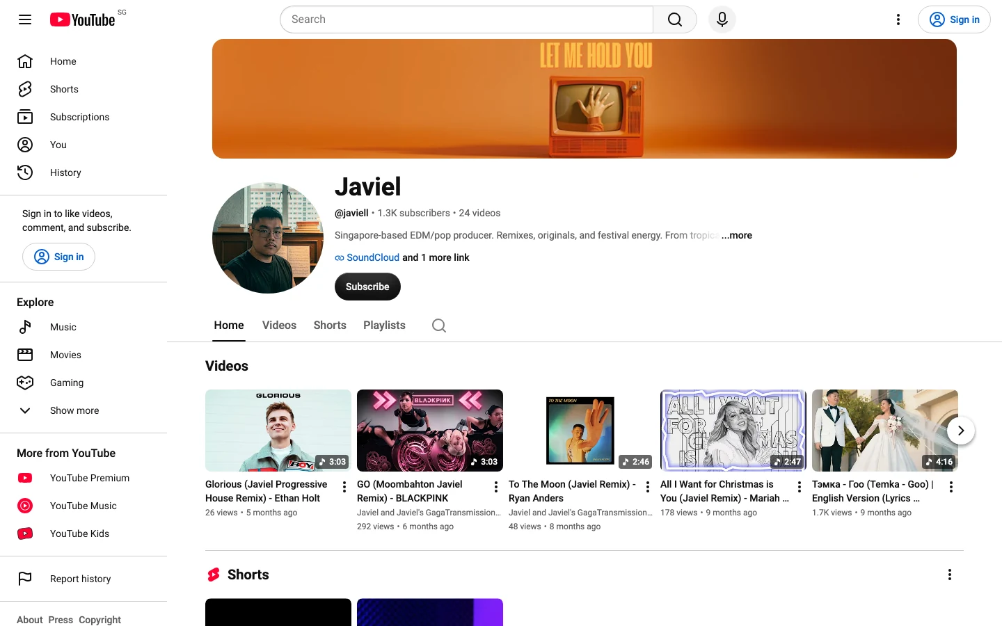 Public channel view of Javiel Liow’s YouTube music page.